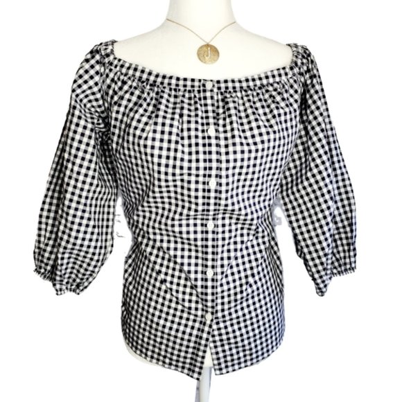 Black White Checkered Peasant Top 3/4 Sleeves | Gingham | Medium - Picture 8 of 13